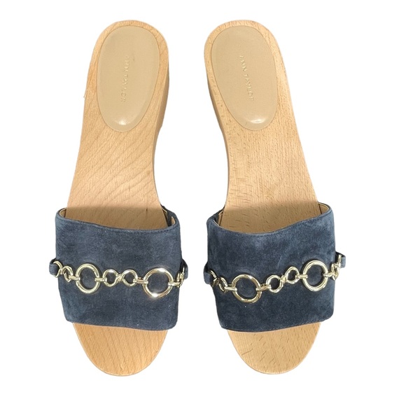 ANN TAYLOR Sandals gold Chain Leather Clog Slides Night Sky Navy size 10 - Picture 3 of 13